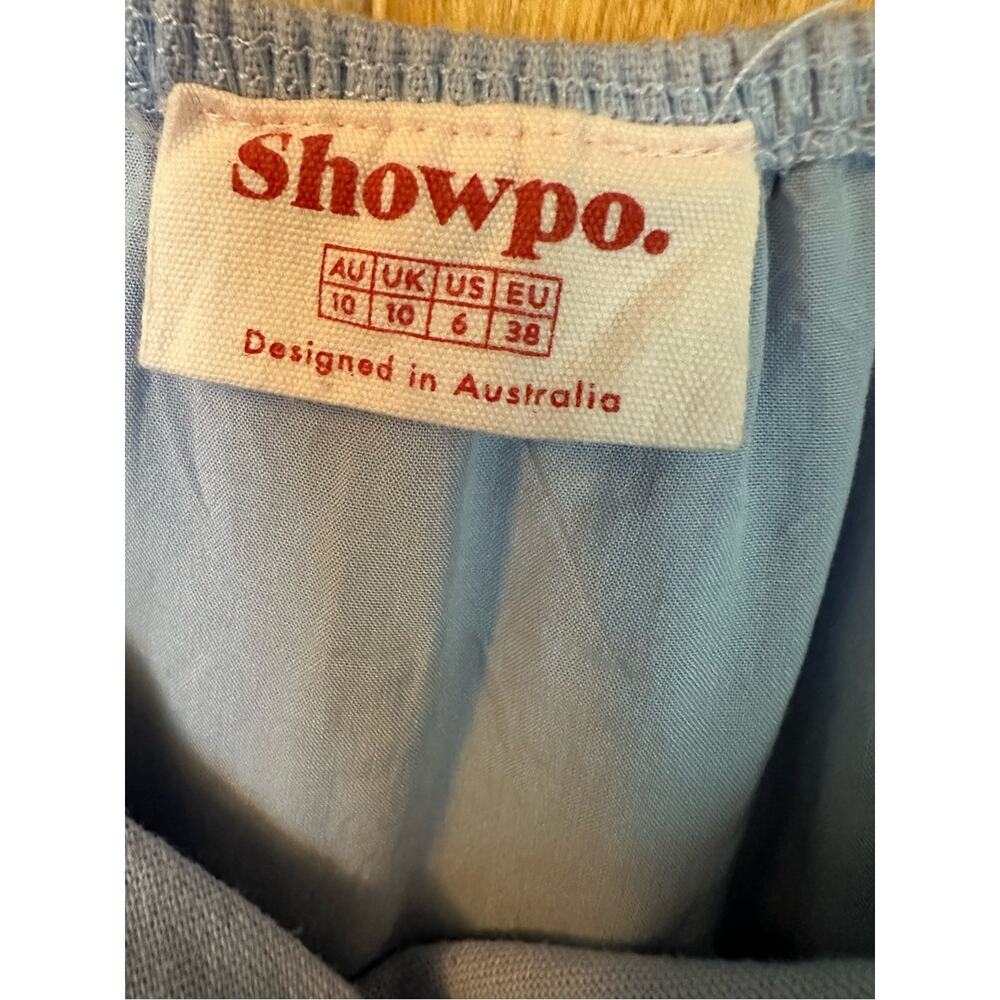 Showpo Can’t Move On Cotton Linen Off the Shoulder Ruffle Wrap Dress Blue Sz 6 - Picture 6 of 10